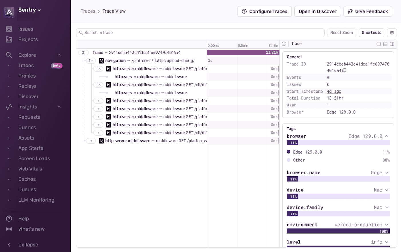 A detailed view of the Senty Traces page showing an expaned trace and spans